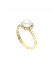 Złoty pierścionek z białą perłą i cyrkoniami