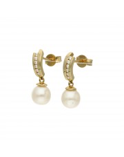 Złote kolczyki z wiszącymi białymi perłami 